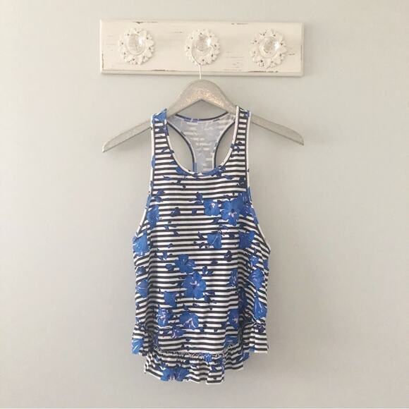 Kate Spade Blue Floral and Stripe Ruffle Trim Racerback Tank Top - Picture 1 of 7